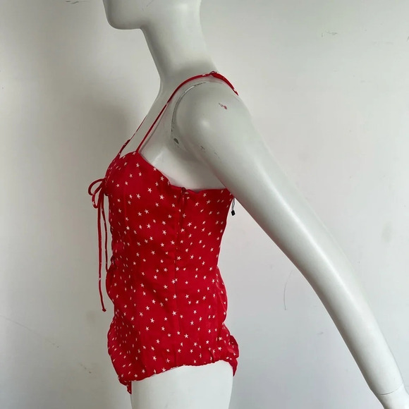 NWOT ZARA Red Satin Laced V-NECK Viscose Blend Stars Print BODYSUIT SIZE Large - Picture 6 of 8